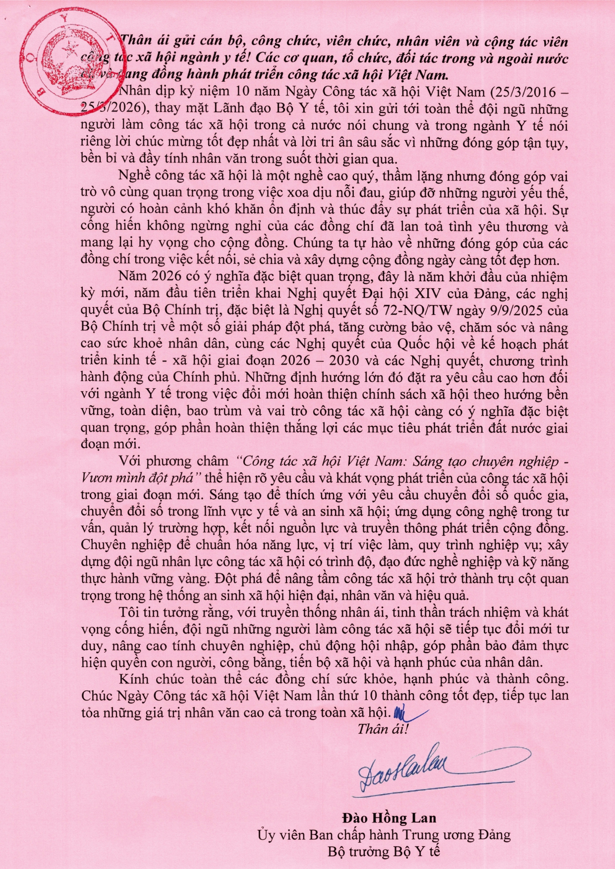 Thư chúc mừng của Bộ trưởng Bộ Y tế Đào Hồng Lan gửi đội ngũ những người làm công tác xã hội nhân dịp kỷ niệm 10 năm Ngày Công tác xã hội Việt Nam (25/3/2016 – 25/3/2026)